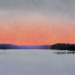 Multiple silkscreen layers of multi-colored paint form a constructed landscape of a blurry and highly pixelated distant riverbank with a sunset