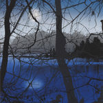 Multiple silkscreen layers of black blue white and gray paint form a constructed landscape of a blurry and heavily pixelated riverbank which is obstructed by several silhouettes of thin trees. In the upper left of the piece a small blurry white circe alluding to a shining full moon hangs in the sky while another blurry light blue circle at the bottom alludes to its watery reflection