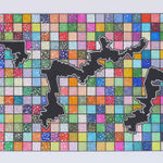 Multi-colored squares which fade from right to left surround black silhouettes of the multiple versions of North Carolina’s twelfth district The silhouettes are highlighted with a thin white border