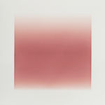 Thin horizontal lines are painted in gradient hues from light pink to red and back to light pink again, creating a square color field. The gradient effect is created from the overlapping of the horizontal lines.