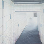 Dirty white and blue tiled hallway with dark floor ceiling and stairs