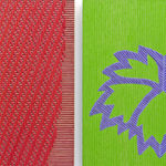 Heavily layered and vibrant red green purple and orange oil paint on linen create two separate unique woven patterns inspired by the silk described in Japanese courtesan Lady Nijo’s autobiography The different red hues in the piece to the left create a criss crossing pattern while on the right green and orange underneath a textured purple create a woven image of a many leaved purple plant