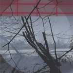 Multiple silkscreen layers of black blue and red form a constructed landscape of a blurred and heavily pixelated river bank In the foreground are black silhouettes of several partially submerged trees and at the center of the piece a large light blue-gray circle forms a halo around them