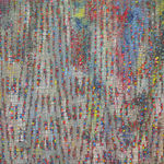 Detail; neon paint protrudes through a multicolored canvas.