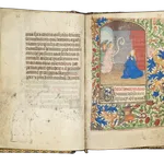 A Book of Hours (use of Rome) produced in Bruges c. 1460 and illuminated by the Mildmay Master. The image shows the illuminated manuscript open on the page of the Annunciation miniature painting.