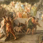 an old master painting by Swiss artist Jean-Pierre Saint-Ours depicting the Greec scene of the Olympic games