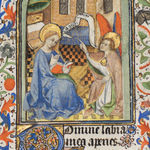 A detail of an illuminated miniature from a medieval Book of Hours realized in Amiens, France, c. 1430-1440 by the Master of Raoul d'Ailly (and workshop) and depicting the Annunciation.