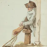 Watercolor of a man sitting with a staff, wearing a hat, by Louis-Ami Arlaud-Jurine.