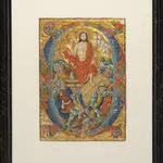 Framed Gothic-style illumination of the Resurrection of Christ by the Spanish Forger, depicting Jesus rising from the tomb above sleeping soldiers within an ornate floral letter.