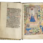 A Book of Hours (use of Rome) produced in Bruges c. 1460 and illuminated by the Mildmay Master. The image shows the illuminated manuscript open on the page of the Pentecost miniature painting.