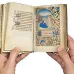 A Book of Hours (use of Rome) produced in Bruges c. 1460 and illuminated by the Mildmay Master. The image shows the illuminated manuscript open on the page of the Virgin and Child miniature painting.
