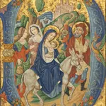 20th-century medieval-style manuscript illumination by the Spanish Forger depicting the Flight into Egypt, featuring the Holy Family and a donkey within a gold-leaf decorative initial.