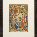 Framed artwork of the Deposition from the Cross in the style of a medieval miniature by the Spanish Forger, featuring gold-leaf gilding and vivid pigments on parchment, early 20th century.