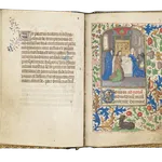 A Book of Hours (use of Rome) produced in Bruges c. 1460 and illuminated by the Mildmay Master. The image shows the illuminated manuscript open on the page of the Presentation to the Temple miniature painting.