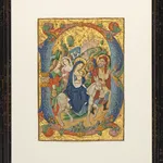 Framed 20th-century medieval-style manuscript illumination by the Spanish Forger depicting the Flight into Egypt, featuring the Holy Family and a donkey within a gold-leaf decorative initial.