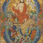 Gothic-style illumination of the Resurrection of Christ by the Spanish Forger, depicting Jesus rising from the tomb above sleeping soldiers within an ornate floral letter.