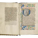 An authentic Book of Hours from Medieval Bruges, 15th century, illuminated by the Mildmay Master from the workshop of Guillaume Vrelant, with illuminations and many floral ornaments and medieval beasts.