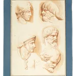 Five profile sketches of men with various headwear and facial hair, showcasing classical features by female artist Catherine Saint-Ours, daughter of Jean-Pierre Saint-Ours.