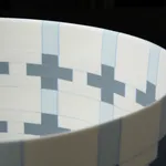 Lotte Westphael, Textile Syncope #1, 2020, signed porcelain, unique piece, open cylindrical porcelain vessel with textile-inspired linear patterns, referencing minimalist sculpture and geometric abstraction, Ø27 x 20 cm