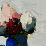 close up detail of a still life oil painting. The paint is applied thickly, in short brushstrokes.