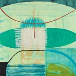 abstract painting with the background resembling a close up of n eye. IN the foreground is a white square with short lines emanating from it,