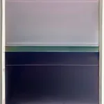 abstract work made of horizontally aligned segments in desaturated tones of pink, green, and purple