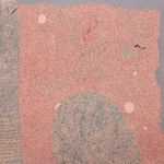 Maeve D'Arcy "Possum Priest in the Borough of Queens" abstract painting with pink and pale lavender shapes layered with densely packed black dots