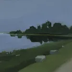 impressionistic landscape of dark green trees and grass beside body of water