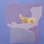 Maeve D'Arcy "Panic Room Champagne" abstract painting with dense dot patterns and organic shapes in shades of blue, yellow, gold, pink, and purple