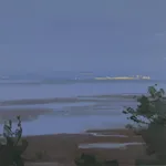 Sara MacCulloch's "Light on the Horizon" is an oil on canvas and is an impressionistic painting of beach and ocean landscape in twilight hues of brown and muted blue