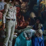 Michael Corner, Woman in a Flowered Dress with Hatchet and Small Pink Bird