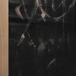 Partial view of reverse T-shaped freestanding painting with a wooden frame and base and abstract pink and faded blue crayon marks on a dark background, against a white wall Rindon Johnson Paths wind through woods. Dogs chase their tails. Smiles light up faces. Laughs echo loudly. Dreams take flight. Hopes rise high. Waves roll gently. Children skip merrily. Words convey thoughts. Maroon. Time heals wounds. Minds seek answers. Fates twist and turn. Truths reveal slowly. Lives unfold daily. Manifestation is such a chore. Say it a loud, see it how mouths: a companionable environment can engender impressive thirstiness, 2023 Ash wood, leather, crayon, oil, colored pencil, acrylic and wax 188.5 x 100 x 24.5 cm 74 1/4 x 39 3/8 x 9 5/8 inches