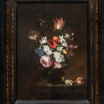 Jacques de Claeuw (1623-1694) A Rose, Tulip, Iris, Poppies, Honeysuckle, and other Flowers in a Glass Vase with Seashells, 1651