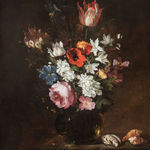Jacques de Claeuw (1623-1694) A Rose, Tulip, Iris, Poppies, Honeysuckle, and other Flowers in a Glass Vase with Seashells, 1651