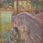 Oil painting of a landscape with a bridge and house by Walter Sickert