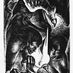 Christmas card with woodcut print by Lynd Ward. Close up of illustration.