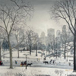 Painting of a snowy metropolitan scene with horses and people walking by Emma Haworth represented by Rebecca Hossack Art Gallery.