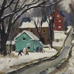 "Winter Fun" by Tom Roberts is a vivid representation of a winter scene, capturing the essence of a chilly day filled with excitement and playfulness.⁠