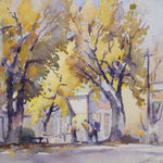 "Village in Autumn," a 1944 watercolour by Tom Roberts, depicts a quaint village scene during the fall season.
