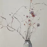 A painting of thin branches and flowers in a vase on a white background