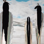 Acrylic painting of three figures of ambiguous native origin against a mountain range and blue sky background by artist Fran J Nagy