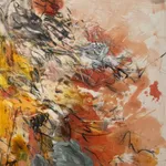 Contemporary abstract expressionist painting with layered, gestural brushstrokes in warm terracotta, peach, ochre, and soft gray, featuring dynamic black linework and rich surface texture, conveying movement and emotional depth in a modern fine art composition.