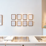 Series of framed blue thread on paper works by Fringe Gallery artist Rebecca Messier