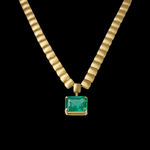 18k yellow gold and emerald necklace by Fringe Gallery studio jeweler Sandra Frias