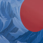 Circular painting showing a blue gradient mountain scene with a hut structure and a full blood moon
