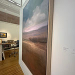 Across the Water", an abstract landscape oil painting in a frame by slate gray gallery artist Sylvia Benitez