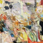 Large abstract expressionist painting with layered brushstrokes in pastel pink, yellow, ochre, blue, and black, featuring energetic lines, textured paint, and gestural marks creating a dynamic contemporary art composition.
