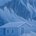 Circular painting showing a blue gradient mountain scene with a hut structure and a full blood moon