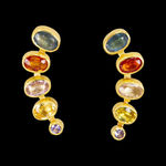 22k yellow gold climber earrings with bezel set multicolored rosecut sapphires by Fringe Gallery studio jeweler Petra Class