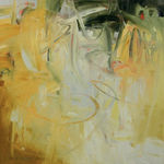 Abstract oil painting with greens, whites, oranges, and grays by slate gray gallery artist Karen Scharer